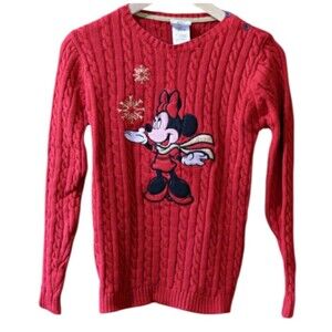 Disney Red Crew Neck Festive Cable Knit Minnie Mouse Holiday Sweater XS